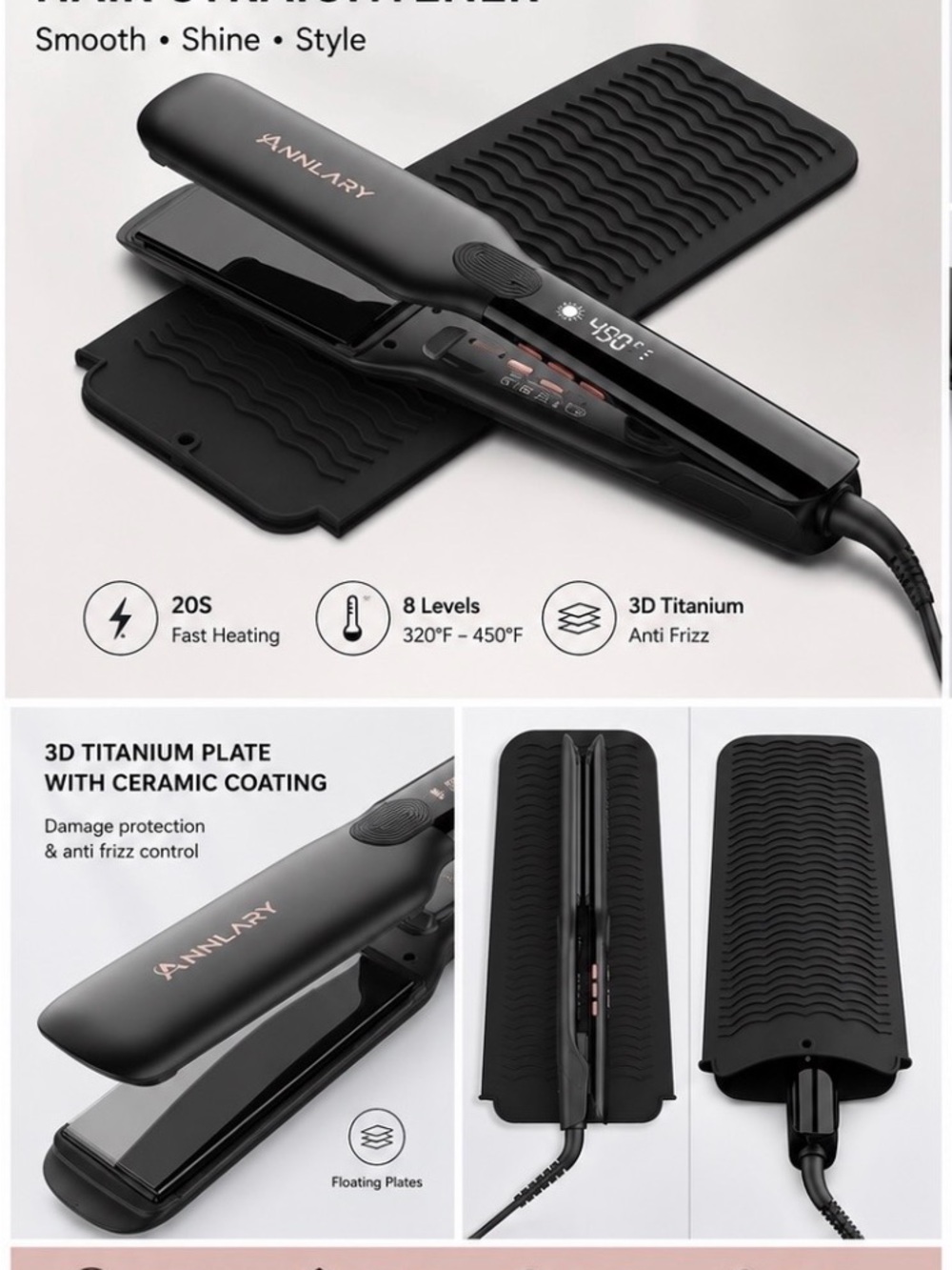 Black Hair Straightener - 3D Titanium Plates